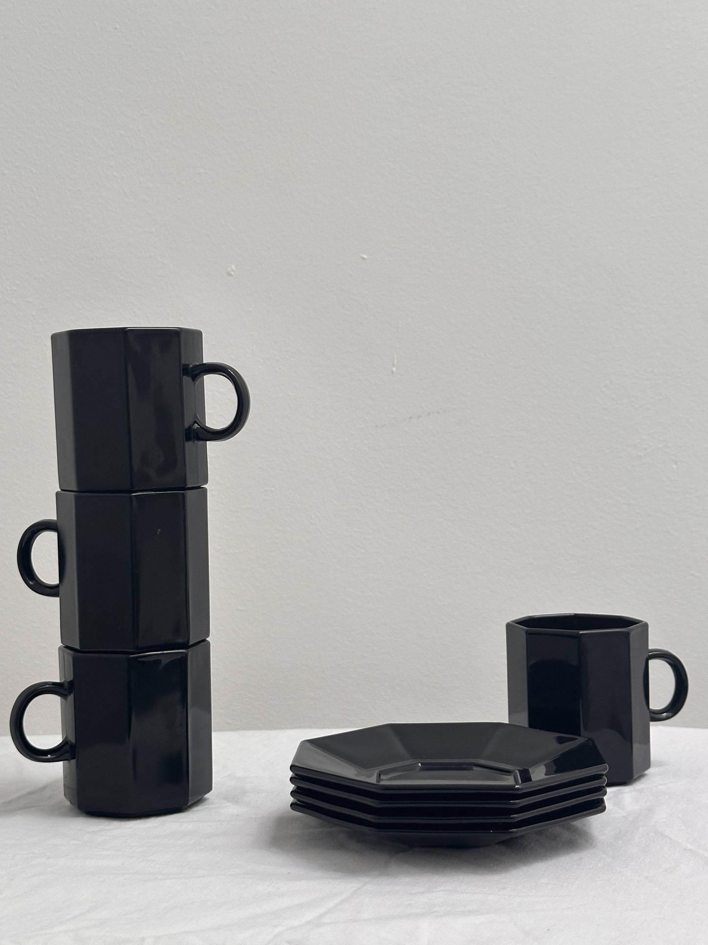 1970s Black Glass Espresso Mug and Coaster Set