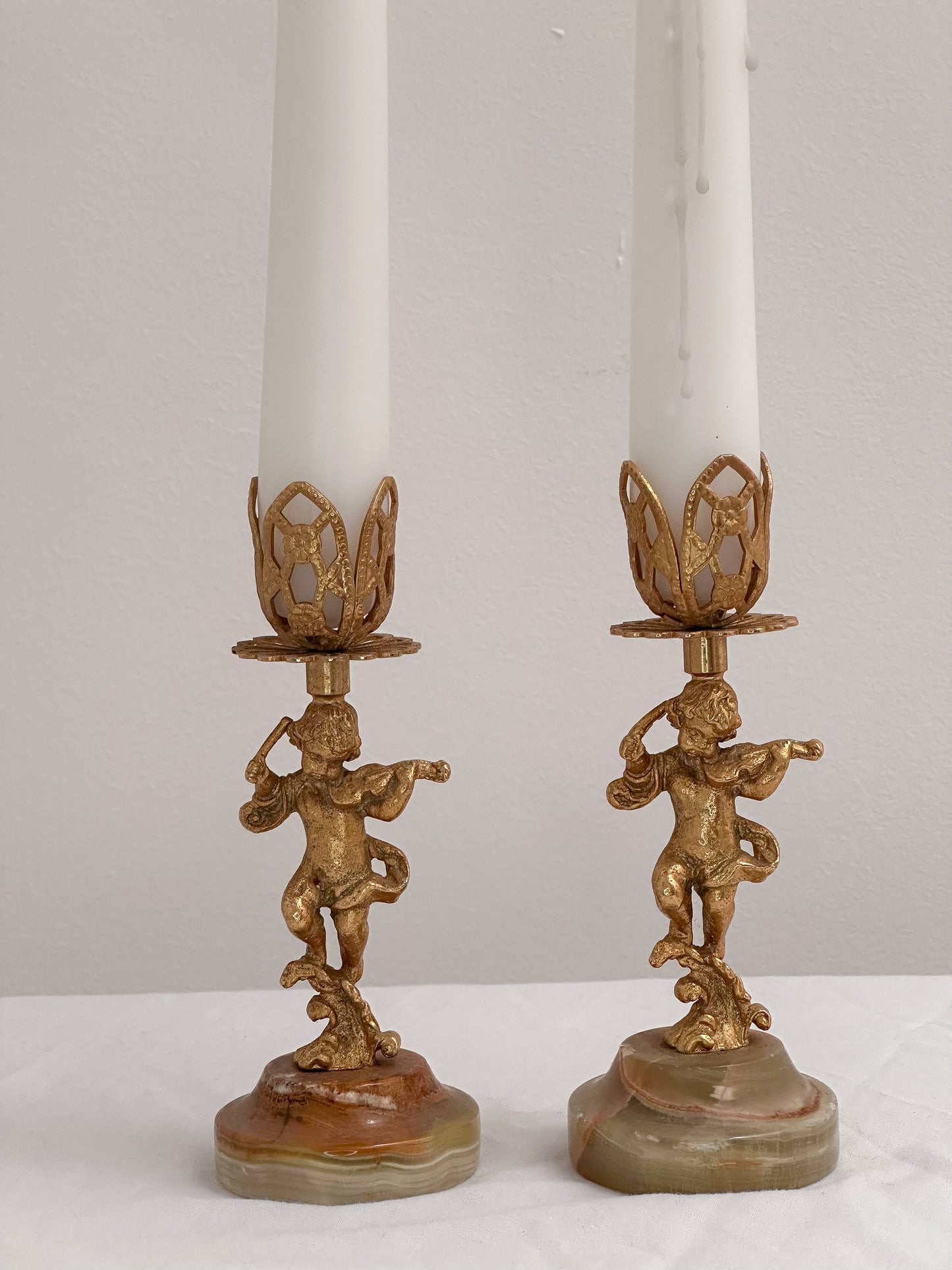 Vintage Azizoff of London Onyx Marble and Gold Candlesticks