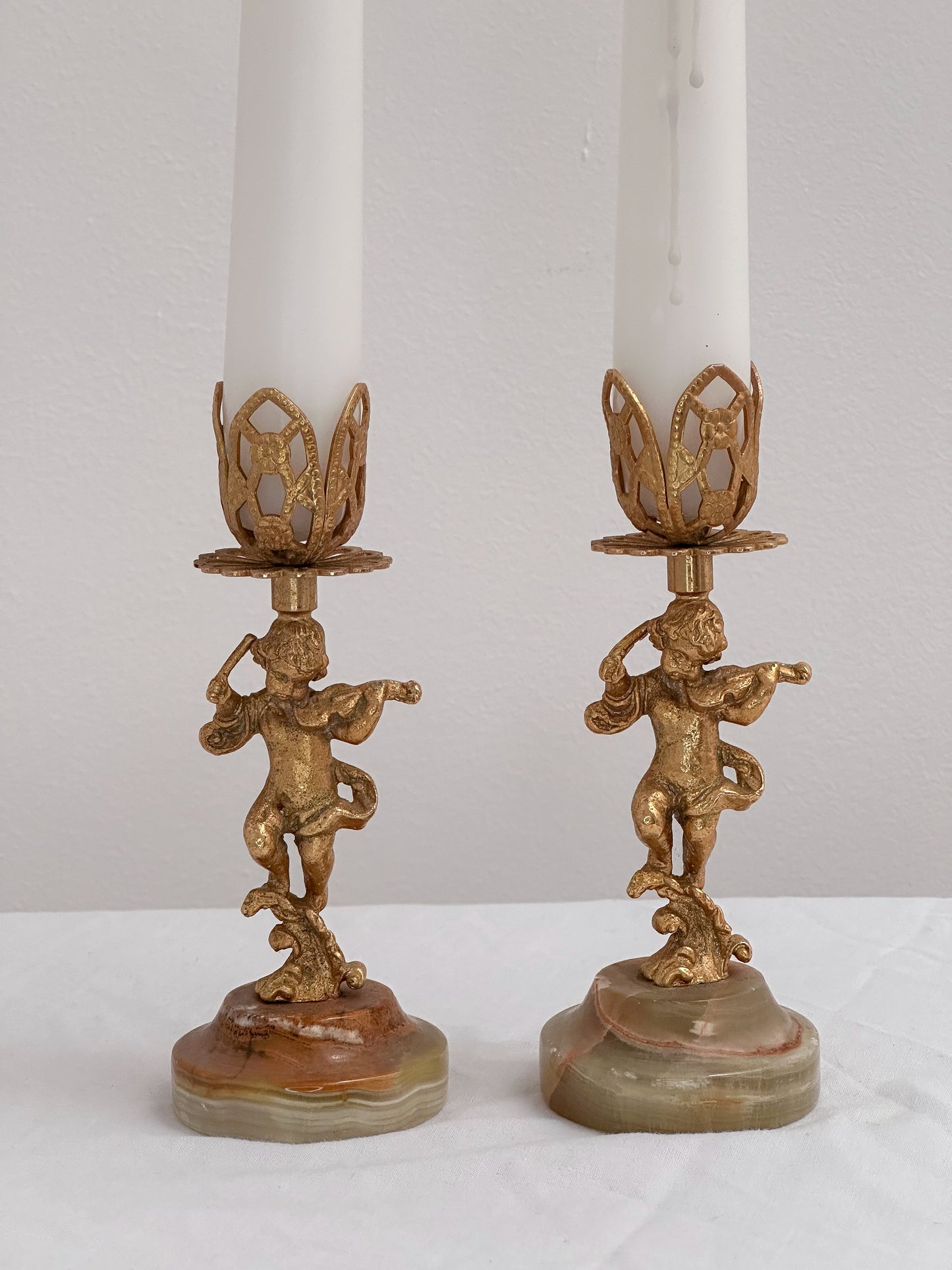 Vintage Azizoff of London Onyx Marble and Gold Candlesticks