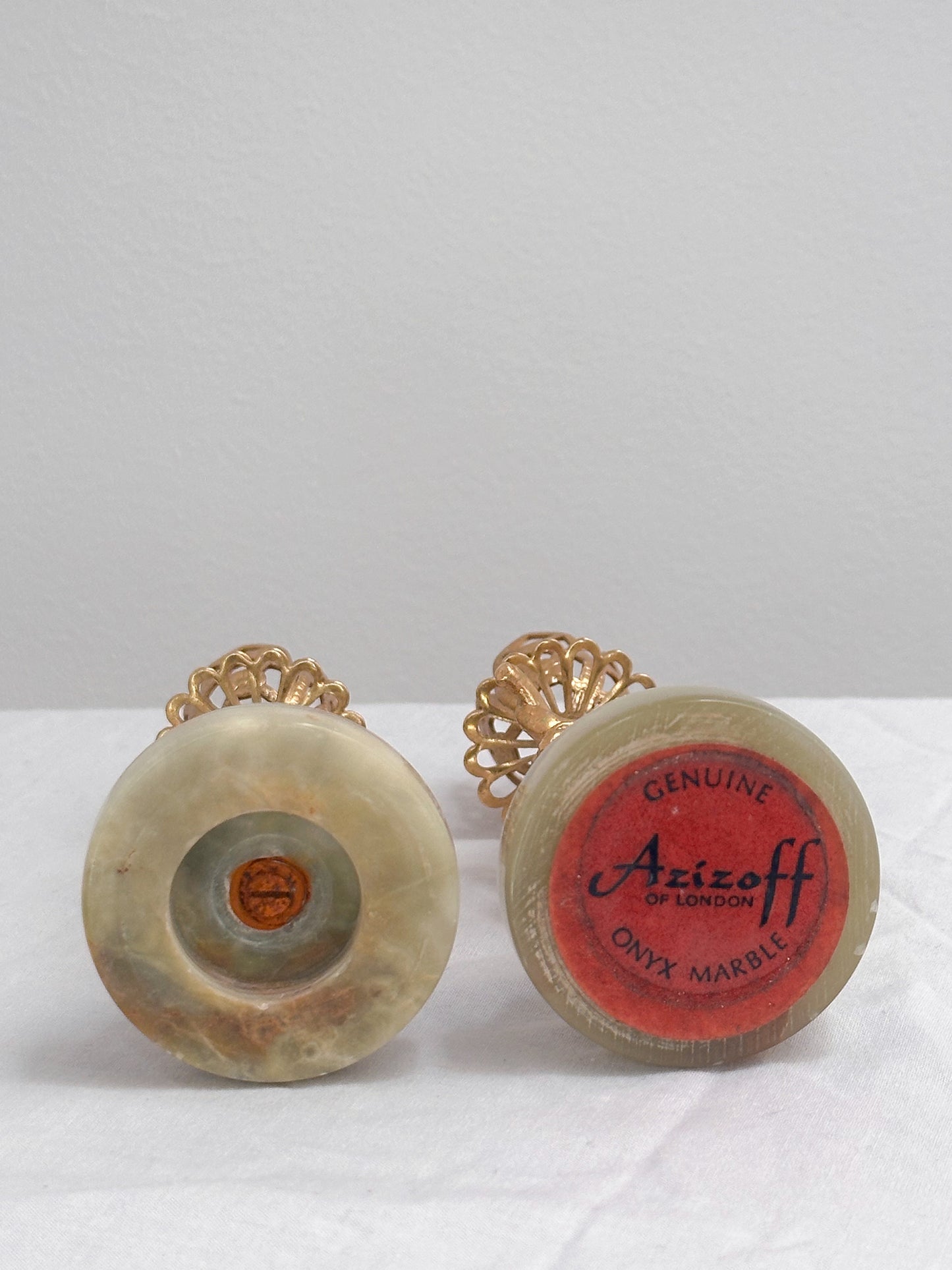 Vintage Azizoff of London Onyx Marble and Gold Candlesticks