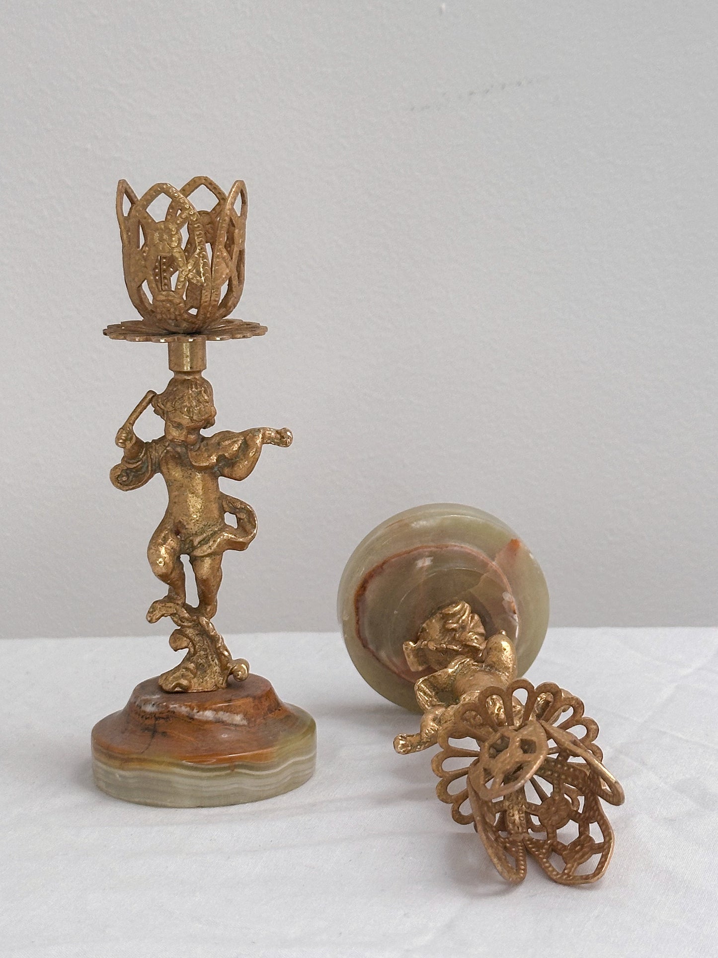 Vintage Azizoff of London Onyx Marble and Gold Candlesticks