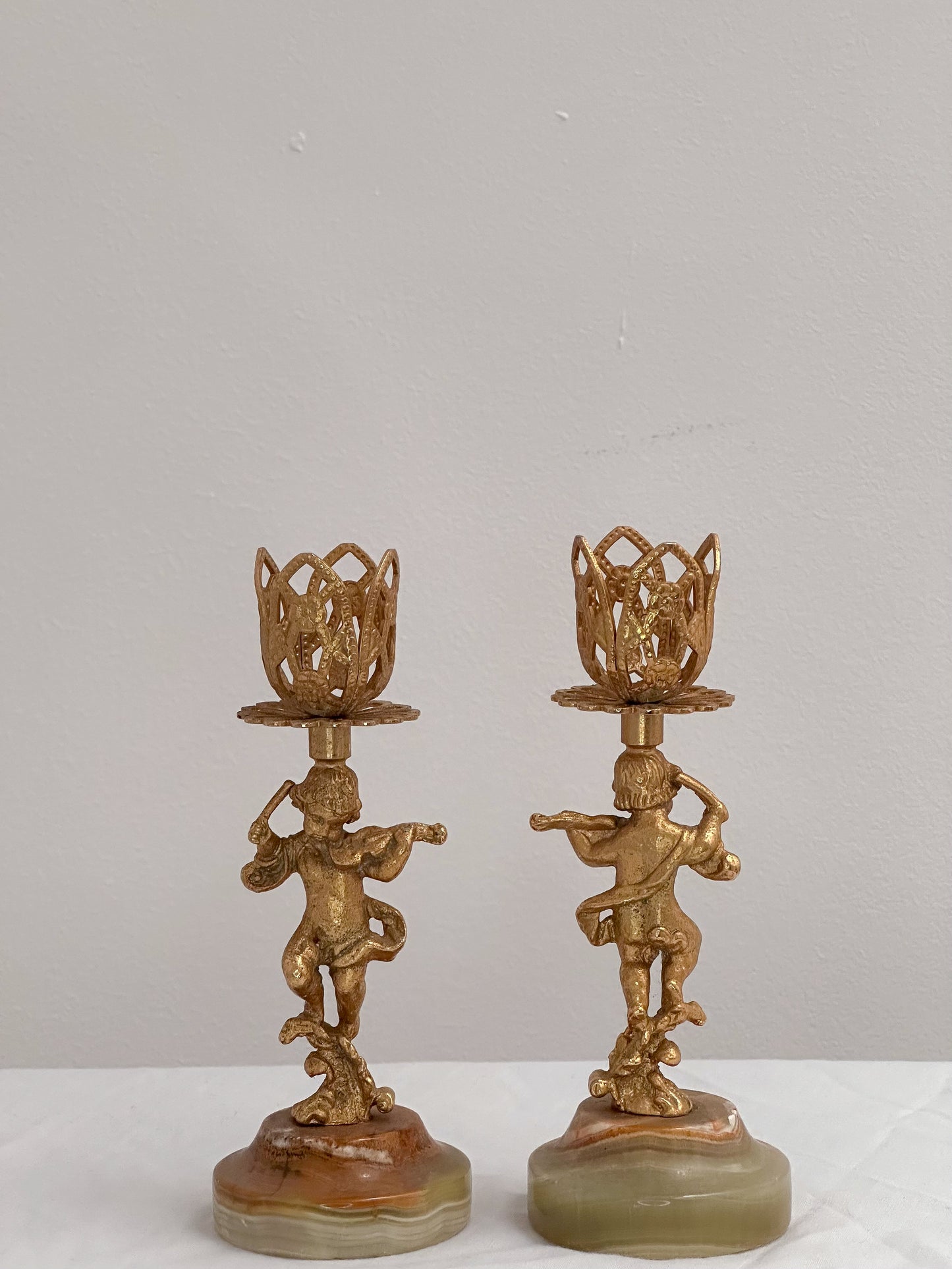 Vintage Azizoff of London Onyx Marble and Gold Candlesticks
