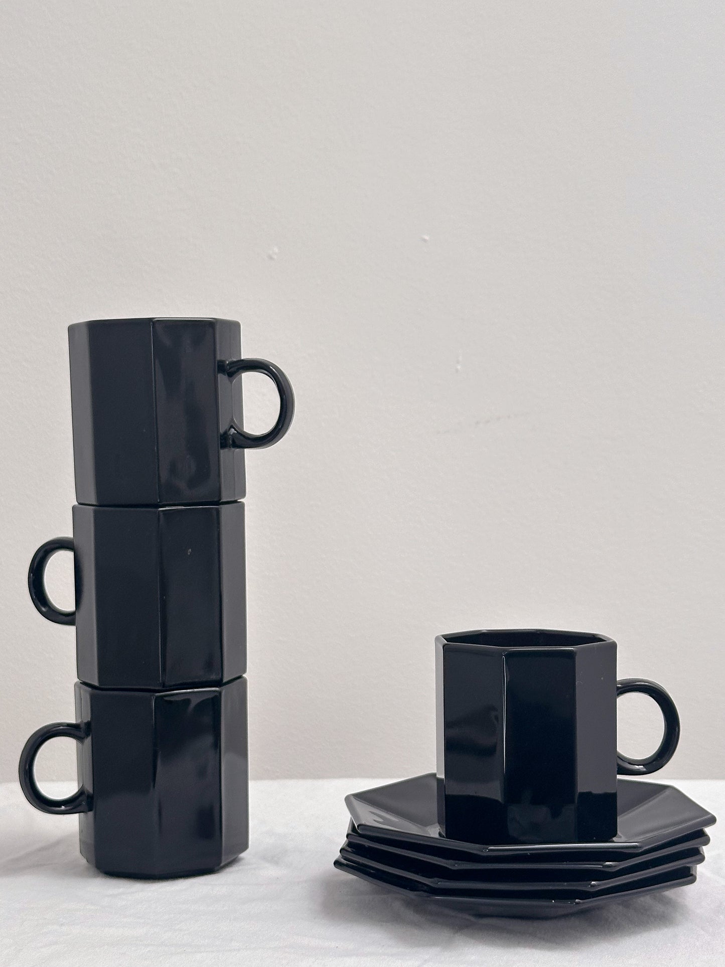 1970s Black Glass Espresso Mug and Coaster Set