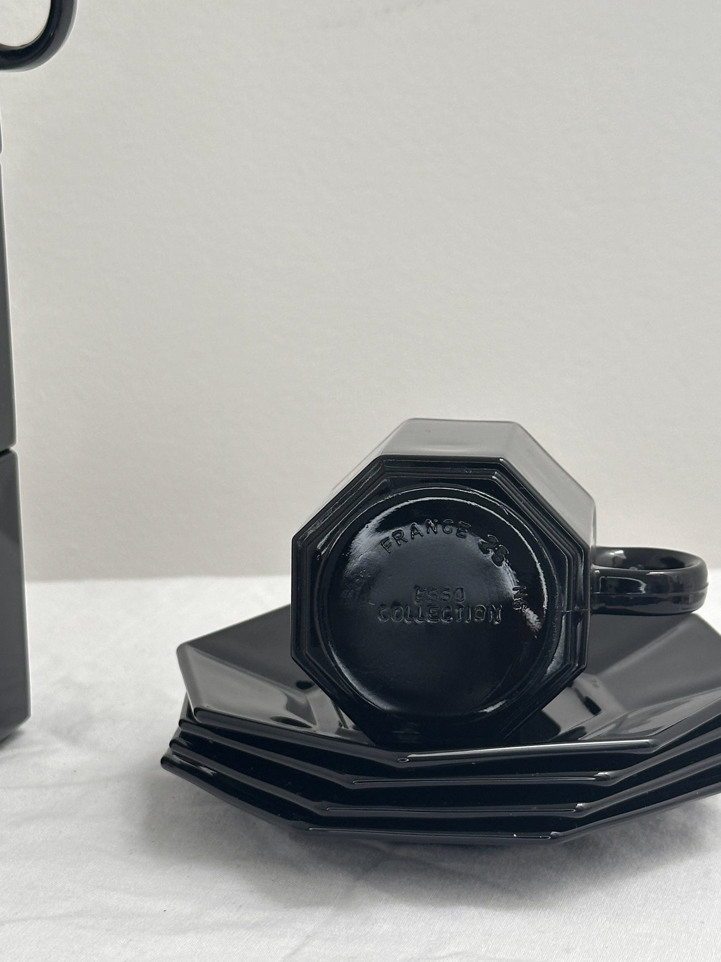 1970s Black Glass Espresso Mug and Coaster Set