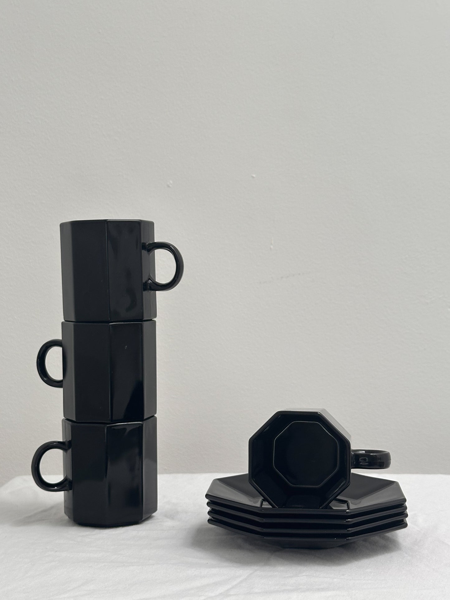 1970s Black Glass Espresso Mug and Coaster Set