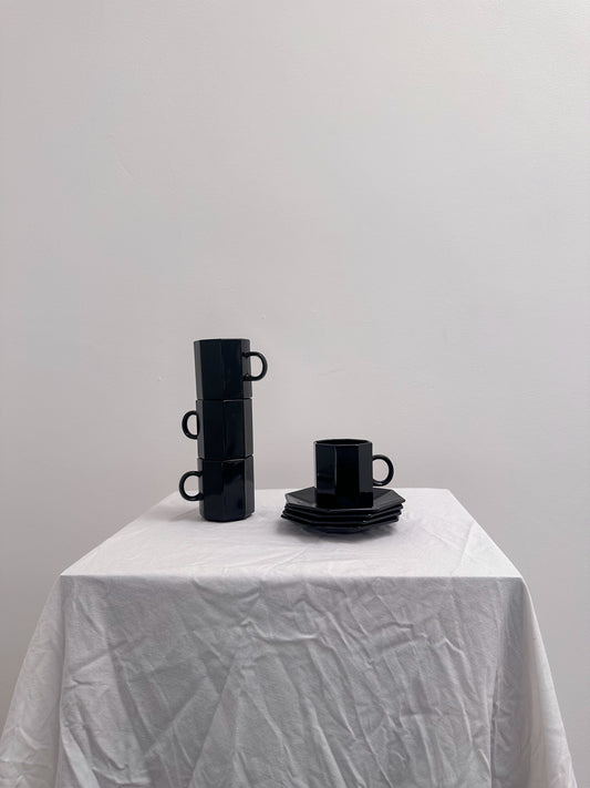 1970s Black Glass Espresso Mug and Coaster Set